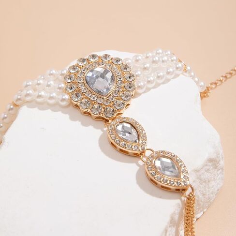 AIBFRID Pearl Rhinestone Bracelet for Women, Elegant Teardrop Crystal Finger Ring Bracelet Hand Chain Bohemian Bridal Wedding Jewelry Vintage Hand Harness for Prom & Parties in Saudi Arabia