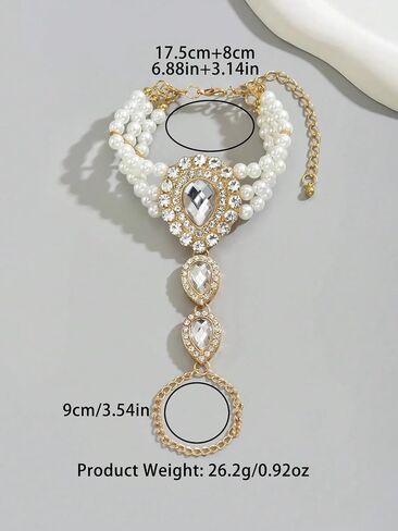 AIBFRID Pearl Rhinestone Bracelet for Women, Elegant Teardrop Crystal Finger Ring Bracelet Hand Chain Bohemian Bridal Wedding Jewelry Vintage Hand Harness for Prom & Parties in Saudi Arabia