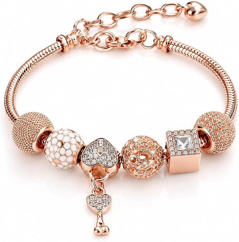 The Signature Charm Collection Charm Bracelet for Women – Crystal Heart & Key Charm Bracelet with Adjustable Snake Chain & Gift Pouch – Available in Rose Gold & Silver in Saudi Arabia