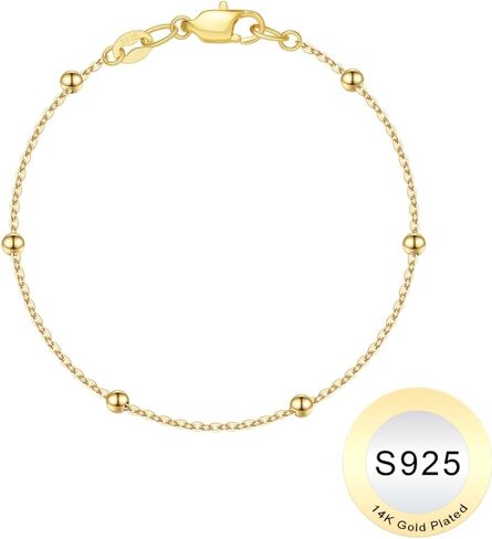 IEFWELL S925 Sterling Silver Bracelet for Women - 14K-Real-Gold-Plated Satellite Bead Chain Bracelet, 6.5/7/7.5/8/8.5/9 Inches Sterling Silver Chain Bracelets Jewelry Gifts for Women in Saudi Arabia
