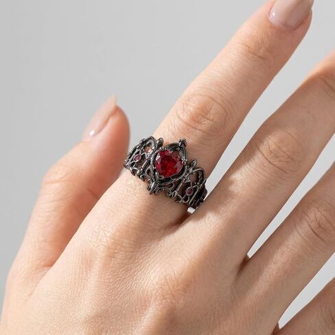 Gothic Red Heart Ring for Women Men Vintage Bat Wings Design Punk Style Jewelry Gift for Costume Party Cosplay Dark Aesthetic Accessories Black Finish in Kuwait