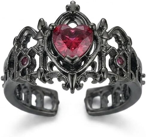 Gothic Red Heart Ring for Women Men Vintage Bat Wings Design Punk Style Jewelry Gift for Costume Party Cosplay Dark Aesthetic Accessories Black Finish in Kuwait