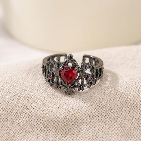 Gothic Red Heart Ring for Women Men Vintage Bat Wings Design Punk Style Jewelry Gift for Costume Party Cosplay Dark Aesthetic Accessories Black Finish in Kuwait