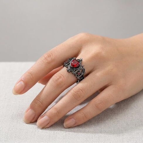 Gothic Red Heart Ring for Women Men Vintage Bat Wings Design Punk Style Jewelry Gift for Costume Party Cosplay Dark Aesthetic Accessories Black Finish in Kuwait