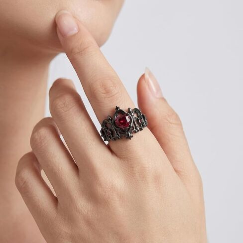 Gothic Red Heart Ring for Women Men Vintage Bat Wings Design Punk Style Jewelry Gift for Costume Party Cosplay Dark Aesthetic Accessories Black Finish in Kuwait