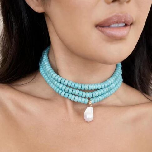 Ettika Marina Layers Turquoise Necklace. Choker Necklaces For Women. Turquoise Jewelry. Pearl Pendant Necklace in Silver Plated in Kuwait