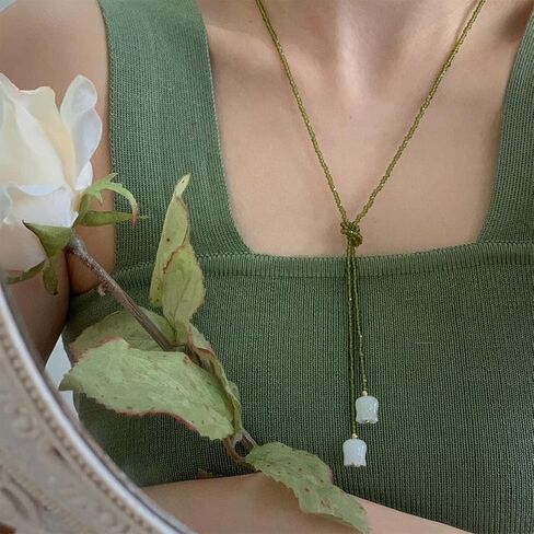 KURTCB Lily of the Valley Necklace Long Boho Beaded Flower Y Necklace for Women Jewelry Trendy in Saudi Arabia