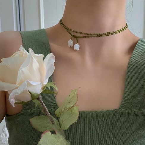KURTCB Lily of the Valley Necklace Long Boho Beaded Flower Y Necklace for Women Jewelry Trendy in Saudi Arabia