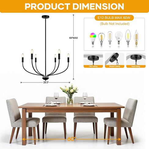 30" Black Chandelier, 6-Light Modern Farmhouse Chandelier for Dining Room Lighting Fixtures Hanging, Candle Chandelier Light for Living Room, Kitchen Island, Bedroom and Entryway (Bulbs Not Included) in Saudi Arabia