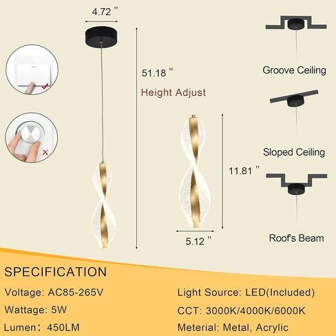 1-Light Modern LED Pendant Lights Kitchen Island, Pendant Lighting Fixture with 3 Color Temperature Adjustable Hanging Light, Height Adjustable Spiral Acrylic Metal Pendant Light for Dining in Saudi Arabia