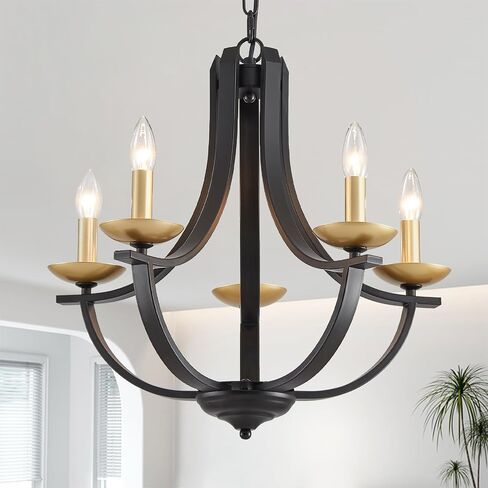 Modern Farmhouse Chandelier 5-Light, 21" Candle Dining Room Chandelier for Bedroom Hallway Kitchen Foyer, Rustic Adjustable Height Hanging Metal Ceiling Light Fixtures, Wood Grain and Black in Saudi Arabia