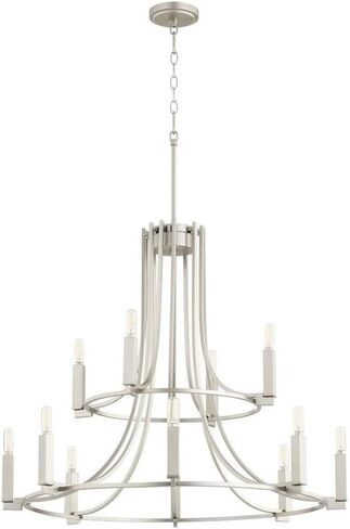 Quorum International Olympus 12-Light Chandelier | Satin Nickel Finish | Modern Geometric Frame | Interchangeable Candle Sleeves | Adjustable Height | Damp Rated | 696-12-65 in Saudi Arabia