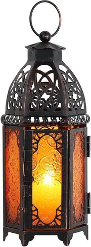 Moroccan Lanterns Decorative Indoor & Outdoor, 11’’ Medium Size Vintage Metal Hanging&Tabletop Candle Holder Decor, Halloween Christmas Ramadan Decorations for Home Porch Patio (Amber) in Saudi Arabia
