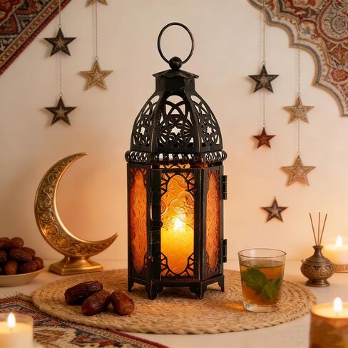 Moroccan Lanterns Decorative Indoor & Outdoor, 11’’ Medium Size Vintage Metal Hanging&Tabletop Candle Holder Decor, Halloween Christmas Ramadan Decorations for Home Porch Patio (Amber) in Saudi Arabia