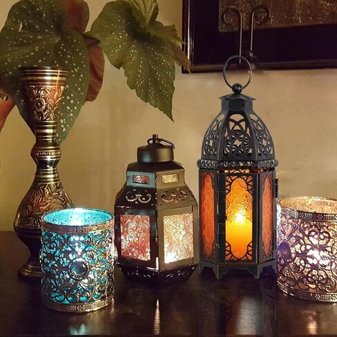 Moroccan Lanterns Decorative Indoor & Outdoor, 11’’ Medium Size Vintage Metal Hanging&Tabletop Candle Holder Decor, Halloween Christmas Ramadan Decorations for Home Porch Patio (Amber) in Saudi Arabia