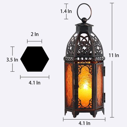 Moroccan Lanterns Decorative Indoor & Outdoor, 11’’ Medium Size Vintage Metal Hanging&Tabletop Candle Holder Decor, Halloween Christmas Ramadan Decorations for Home Porch Patio (Amber) in Saudi Arabia