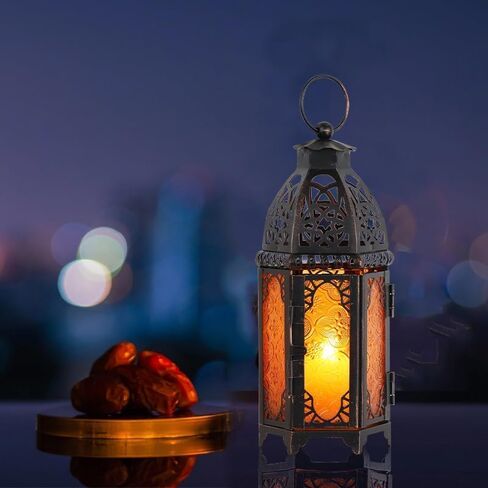 Moroccan Lanterns Decorative Indoor & Outdoor, 11’’ Medium Size Vintage Metal Hanging&Tabletop Candle Holder Decor, Halloween Christmas Ramadan Decorations for Home Porch Patio (Amber) in Saudi Arabia