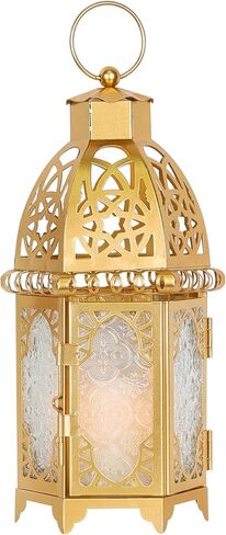 Moroccan Lanterns Decorative Indoor & Outdoor, 11’’ Medium Size Vintage Metal Hanging&Tabletop Candle Holder Decor, Halloween Christmas Ramadan Decorations for Home Porch Patio (Amber) in Saudi Arabia