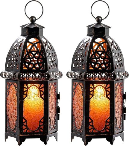 Moroccan Lanterns Decorative Indoor & Outdoor, 11’’ Medium Size Vintage Metal Hanging&Tabletop Candle Holder Decor, Halloween Christmas Ramadan Decorations for Home Porch Patio (Amber) in Saudi Arabia