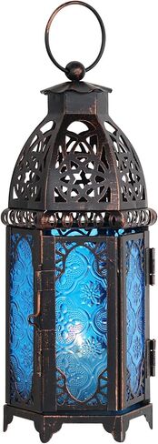 Moroccan Lanterns Decorative Indoor & Outdoor, 11’’ Medium Size Vintage Metal Hanging&Tabletop Candle Holder Decor, Halloween Christmas Ramadan Decorations for Home Porch Patio (Amber) in Saudi Arabia