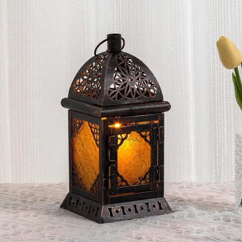 Moroccan Lanterns Decorative Indoor & Outdoor, 11’’ Medium Size Vintage Metal Hanging&Tabletop Candle Holder Decor, Halloween Christmas Ramadan Decorations for Home Porch Patio (Amber) in Saudi Arabia