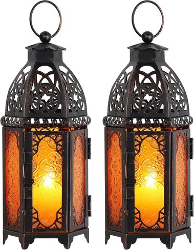 Moroccan Lanterns Decorative Indoor & Outdoor, 11’’ Medium Size Vintage Metal Hanging&Tabletop Candle Holder Decor, Halloween Christmas Ramadan Decorations for Home Porch Patio (Amber) in Saudi Arabia