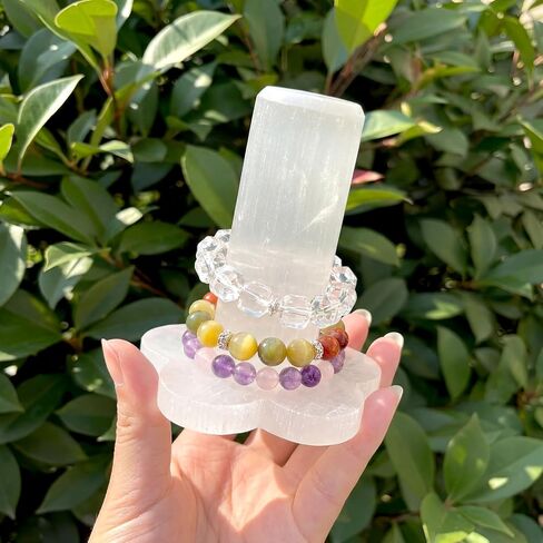 Yokeer Natural Selenite سوار حامل عرض موقف كريستال شفاء مجوهرات حامل برج مكعب السيلينيت لعشاق الكريستال مجوهرات التفاف منظم الرف أساور شحن نظيفة in Kuwait