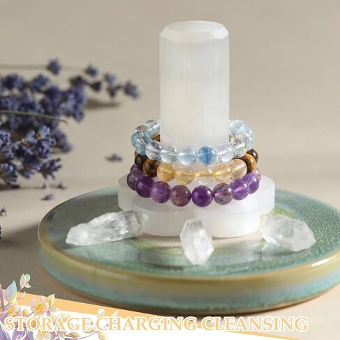 Yokeer Natural Selenite سوار حامل عرض موقف كريستال شفاء مجوهرات حامل برج مكعب السيلينيت لعشاق الكريستال مجوهرات التفاف منظم الرف أساور شحن نظيفة in Kuwait