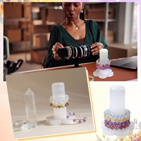 Yokeer Natural Selenite سوار حامل عرض موقف كريستال شفاء مجوهرات حامل برج مكعب السيلينيت لعشاق الكريستال مجوهرات التفاف منظم الرف أساور شحن نظيفة in Kuwait