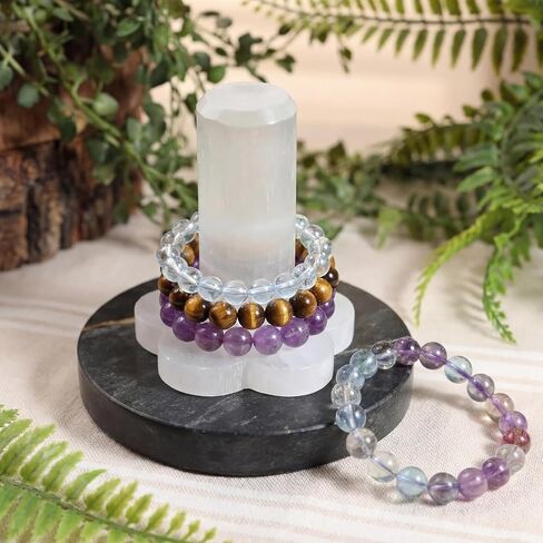 Yokeer Natural Selenite سوار حامل عرض موقف كريستال شفاء مجوهرات حامل برج مكعب السيلينيت لعشاق الكريستال مجوهرات التفاف منظم الرف أساور شحن نظيفة in Kuwait