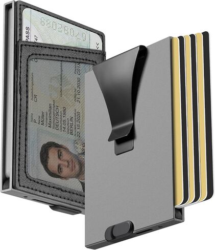 Slim Front Pocket Card Holder for Daily Commute & Travel, Minimalist RFID Blocking Mens Wallet for 4-6 Cards and 1 ID - Pop Up Wallet for Men with ID Window & Money Clip, Grey in Saudi Arabia