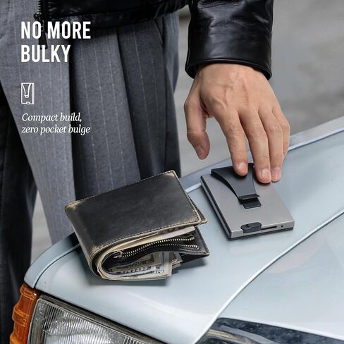 Slim Front Pocket Card Holder for Daily Commute & Travel, Minimalist RFID Blocking Mens Wallet for 4-6 Cards and 1 ID - Pop Up Wallet for Men with ID Window & Money Clip, Grey in Saudi Arabia