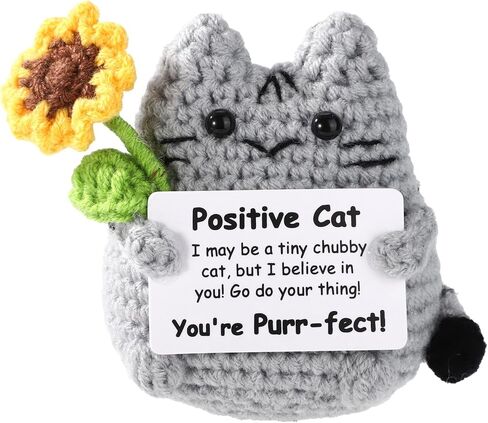 Positive Cat Crochet, Cute Knitted Sunflower Gray Emotional Cat Doll with Inspirational Support Funny Decor for Women Men Birthday Christmas Encouragement Gift in Kuwait