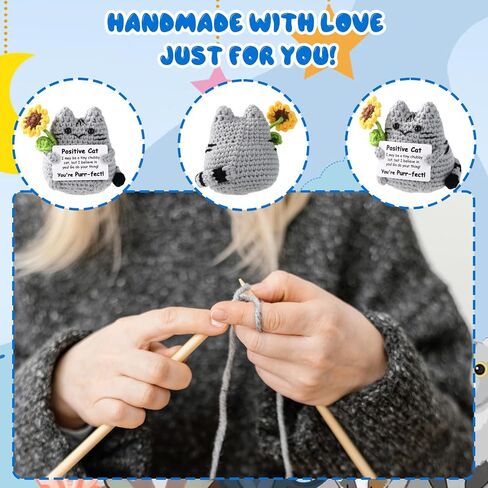 Positive Cat Crochet, Cute Knitted Sunflower Gray Emotional Cat Doll with Inspirational Support Funny Decor for Women Men Birthday Christmas Encouragement Gift in Kuwait