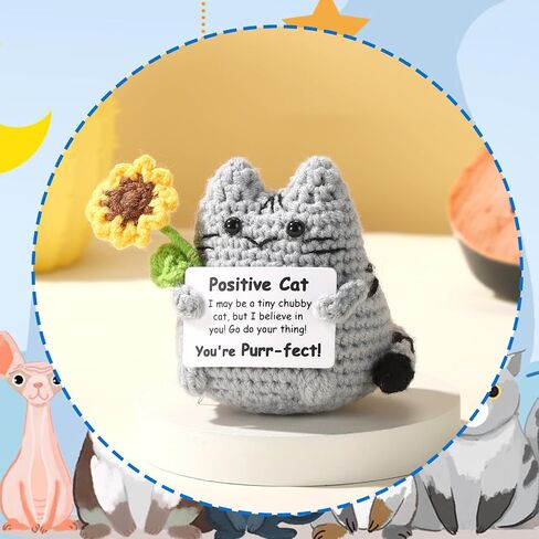 Positive Cat Crochet, Cute Knitted Sunflower Gray Emotional Cat Doll with Inspirational Support Funny Decor for Women Men Birthday Christmas Encouragement Gift in Kuwait
