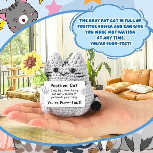 Positive Cat Crochet, Cute Knitted Sunflower Gray Emotional Cat Doll with Inspirational Support Funny Decor for Women Men Birthday Christmas Encouragement Gift in Kuwait