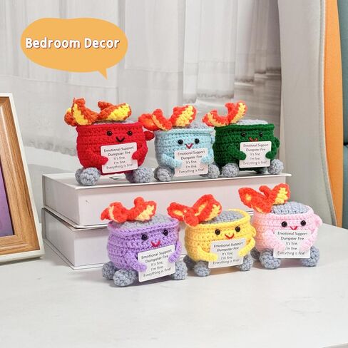 6PCS Funny Crochet Emotional Support Dumpster Fire,I'm fine everything is fine,Self Care Gift for her,Cheer up Gift,Office Desk Decoration,Livingroom Decor,Home Table Decor,Crochet Dumpster Fire in Saudi Arabia