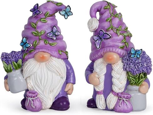 Hodao 2Pcs Purple Lavender Butterfly Gnome Figurine Set for Yard, Lawn, Patio, Porch - Weatherproof Resin Garden Decoration - Outdoor Decor & Unique Gnome Gift for Women in Saudi Arabia