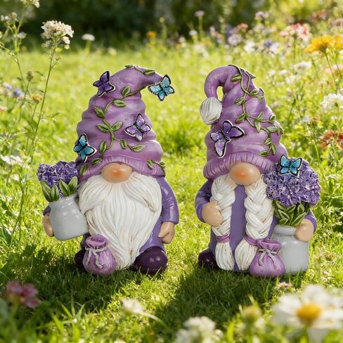 Hodao 2Pcs Purple Lavender Butterfly Gnome Figurine Set for Yard, Lawn, Patio, Porch - Weatherproof Resin Garden Decoration - Outdoor Decor & Unique Gnome Gift for Women in Saudi Arabia
