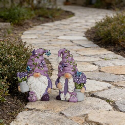 Hodao 2Pcs Purple Lavender Butterfly Gnome Figurine Set for Yard, Lawn, Patio, Porch - Weatherproof Resin Garden Decoration - Outdoor Decor & Unique Gnome Gift for Women in Saudi Arabia