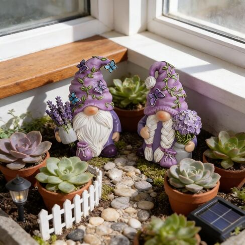 Hodao 2Pcs Purple Lavender Butterfly Gnome Figurine Set for Yard, Lawn, Patio, Porch - Weatherproof Resin Garden Decoration - Outdoor Decor & Unique Gnome Gift for Women in Saudi Arabia