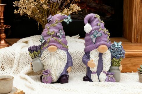 Hodao 2Pcs Purple Lavender Butterfly Gnome Figurine Set for Yard, Lawn, Patio, Porch - Weatherproof Resin Garden Decoration - Outdoor Decor & Unique Gnome Gift for Women in Saudi Arabia