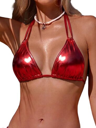 Womens Metallic Triangle Gold Bikini Tops Shiny Halter Dual Straps Bralette Bra Sexy String Bathing Suit Swimsuit Top in Saudi Arabia