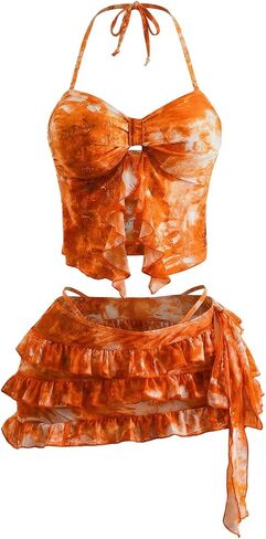 BEAUDRM Women's 3 Piece Boho Swimsuits Tie Dye Halter Bikini Set with Cover Up Ruffle Skirt in Saudi Arabia