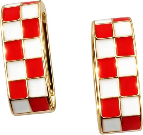 Checkered Earrings for Women, Enamel Chunky Hoop Earrings, Red & White Vintage Trendy Jewelry Gifts in Saudi Arabia