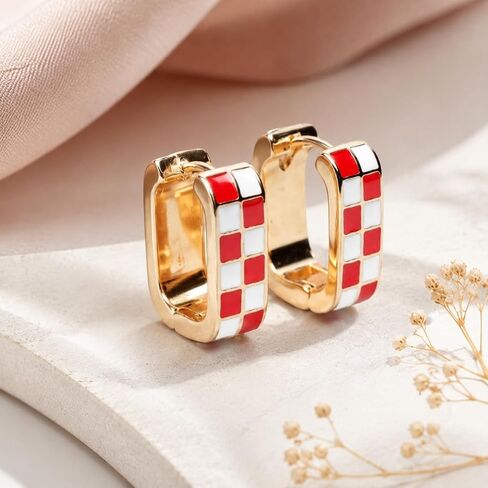 Checkered Earrings for Women, Enamel Chunky Hoop Earrings, Red & White Vintage Trendy Jewelry Gifts in Saudi Arabia