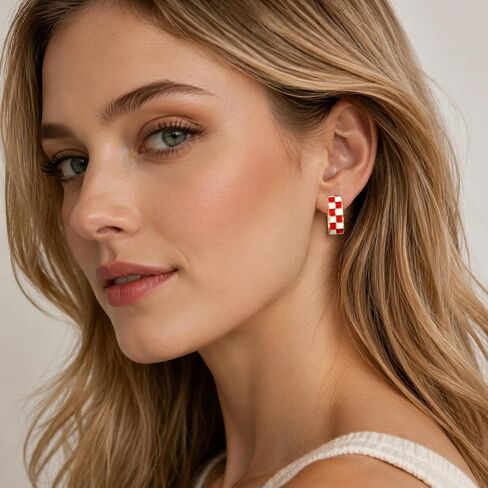 Checkered Earrings for Women, Enamel Chunky Hoop Earrings, Red & White Vintage Trendy Jewelry Gifts in Saudi Arabia