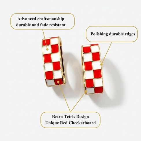 Checkered Earrings for Women, Enamel Chunky Hoop Earrings, Red & White Vintage Trendy Jewelry Gifts in Saudi Arabia
