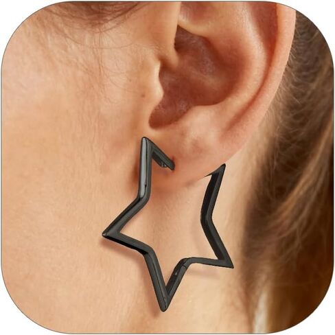 أقراط FOCALOOK Star Huggie هوب للنساء، لا تسبب الحساسية فضي/أسود/14 قيراط مطلية بالذهب أقراط نجمة صغيرة خفيفة الوزن الحد الأدنى 20/30/40/50/60 مم هدية مجوهرات كبيرة in Kuwait