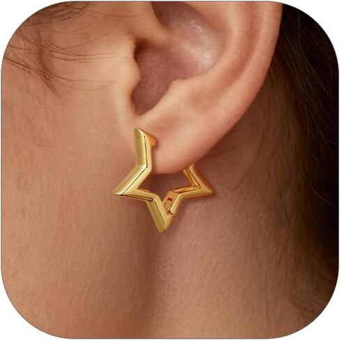 أقراط FOCALOOK Star Huggie هوب للنساء، لا تسبب الحساسية فضي/أسود/14 قيراط مطلية بالذهب أقراط نجمة صغيرة خفيفة الوزن الحد الأدنى 20/30/40/50/60 مم هدية مجوهرات كبيرة in Kuwait